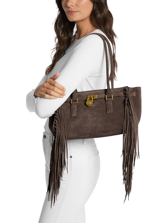 Michael Kors Women's Hamilton Moderne Small Fringed Suede Satchel Bag Chocolate/Gold