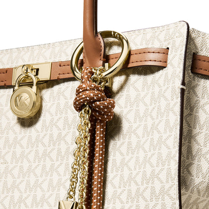 Michael Kors Women's Hamilton Moderne Small Signature Logo Satchel Bag Vanilla/Acorn/Gold
