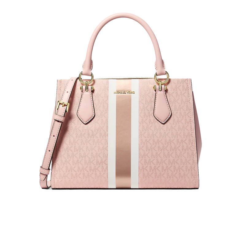Michael Kors Women's Marilyn Medium Signature Logo Stripe Satchel Bag Powder Blush/Gold