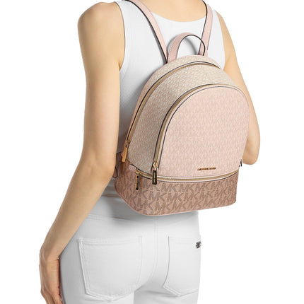 Michael Kors Women's Rhea Medium Metallic Signature Logo Backpack Powder Blush/Gold