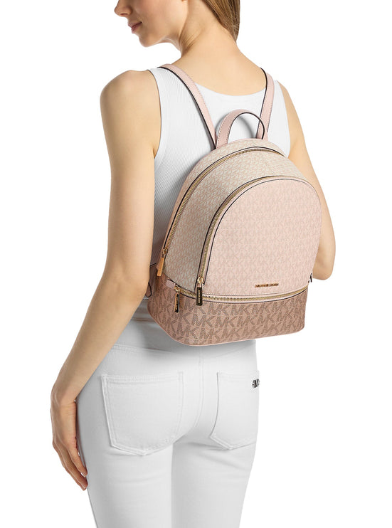 Michael Kors Women's Rhea Medium Metallic Signature Logo Backpack Powder Blush/Gold