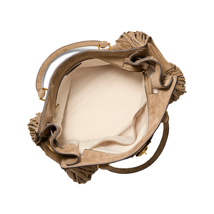 Michael Kors Women's Hamilton Moderne Large Fringed Suede Satchel Bag Husk/Gold