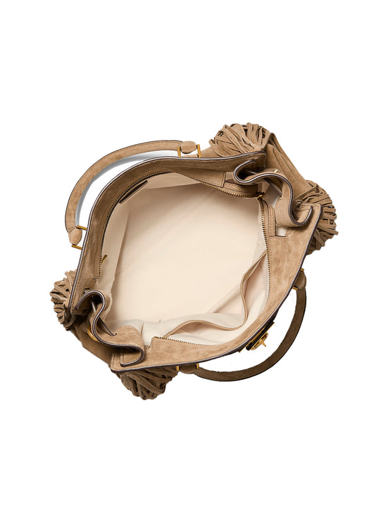 Michael Kors Women's Hamilton Moderne Large Fringed Suede Satchel Bag Husk/Gold