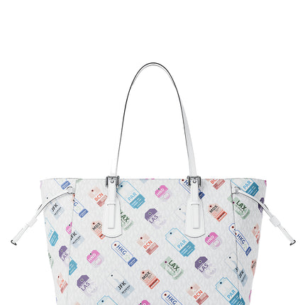 Michael Kors Women's Voyager Large Printed Signature Logo Tote Bag Optic White