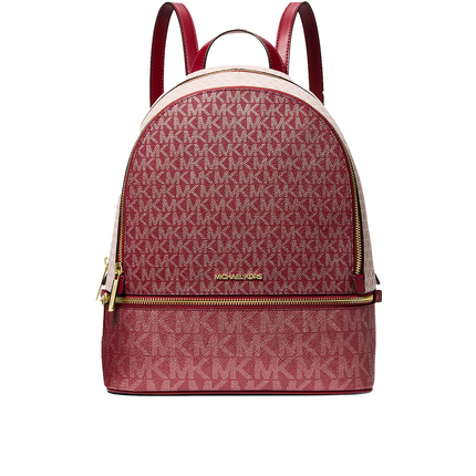 Michael Kors Women's Rhea Medium Metallic Signature Logo Backpack Cherry/Gold