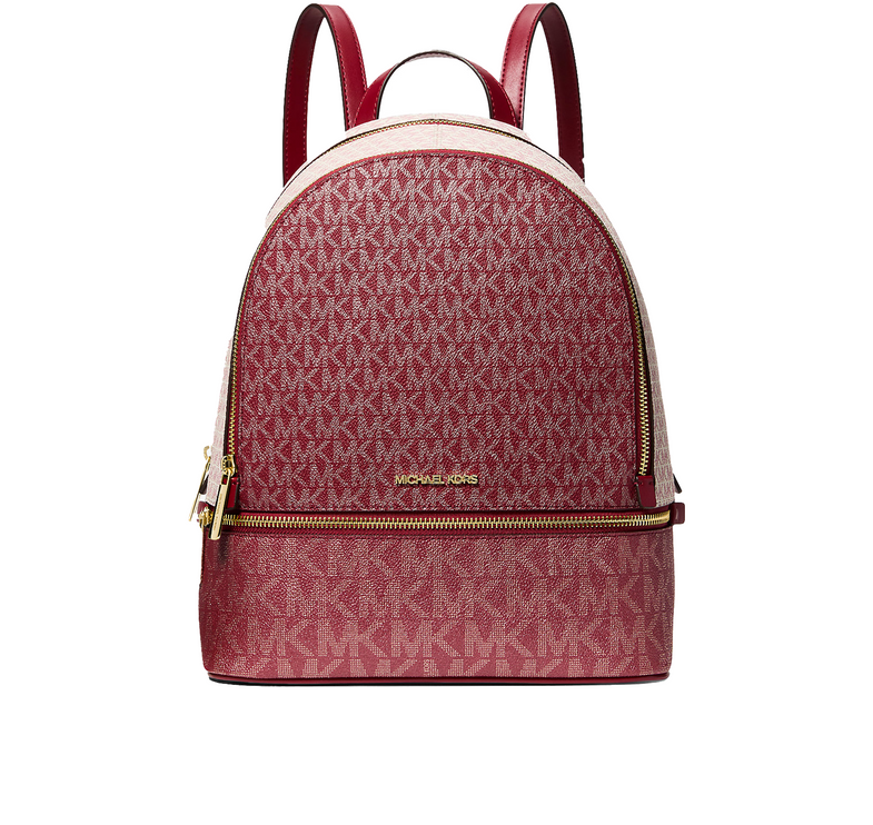 Michael Kors Women's Rhea Medium Metallic Signature Logo Backpack Cherry/Gold