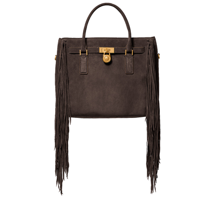 Michael Kors Women's Hamilton Moderne Large Fringed Suede Satchel Bag Chocolate/Gold