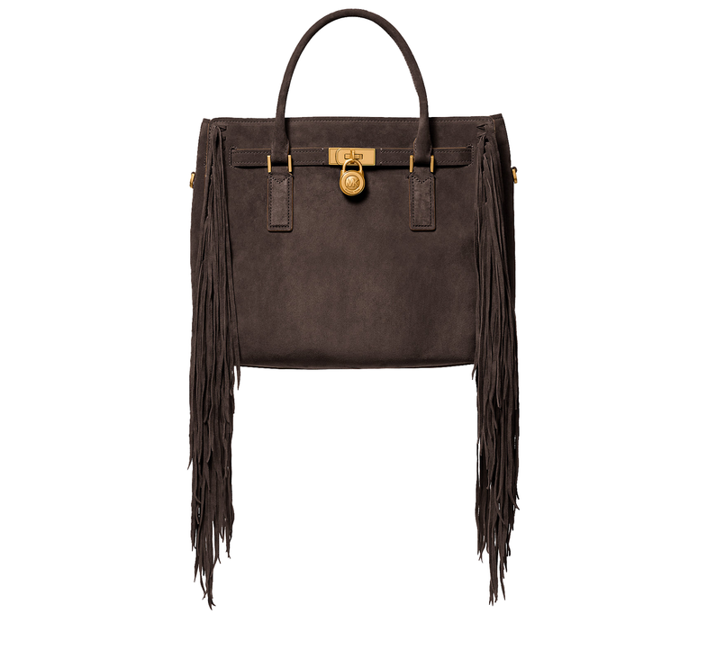 Michael Kors Women's Hamilton Moderne Large Fringed Suede Satchel Bag Chocolate/Gold