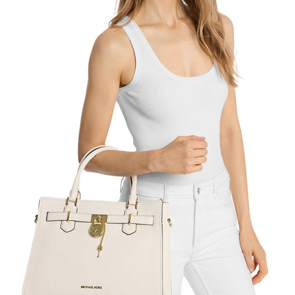 Michael Kors Women's Hamilton Medium Leather Satchel Bag Light Cream/Gold