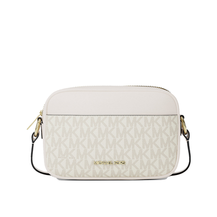 Michael Kors Women's Jet Set Small Signature Logo Camera Crossbody Bag Light Cream Multi/Gold