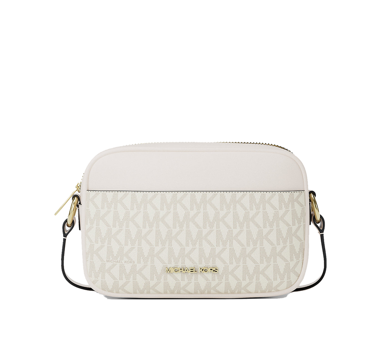 Michael Kors Women's Jet Set Small Signature Logo Camera Crossbody Bag Light Cream Multi/Gold