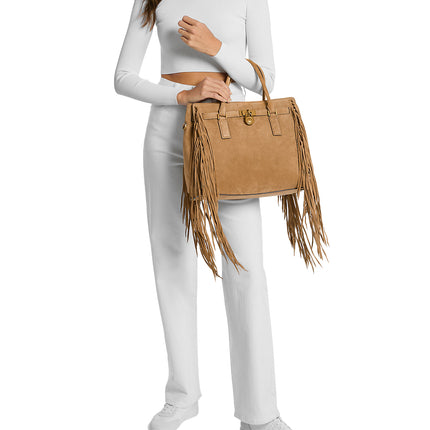 Michael Kors Women's Hamilton Moderne Large Fringed Suede Satchel Bag Husk/Gold