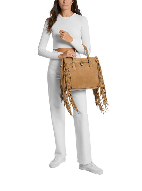 Michael Kors Women's Hamilton Moderne Large Fringed Suede Satchel Bag Husk/Gold