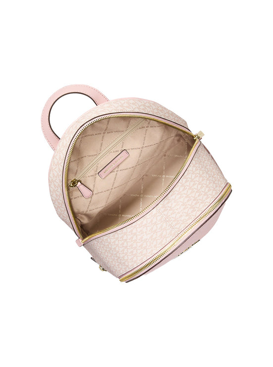 Michael Kors Women's Rhea Medium Metallic Signature Logo Backpack Powder Blush/Gold