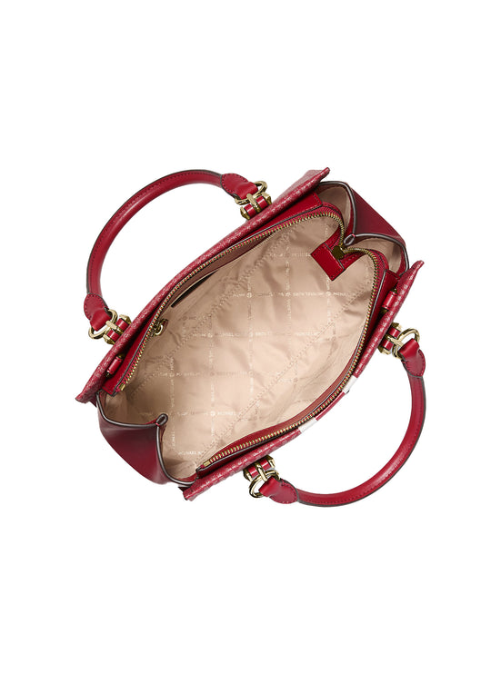 Michael Kors Women's Marilyn Medium Signature Logo Stripe Satchel Bag Cherry/Gold