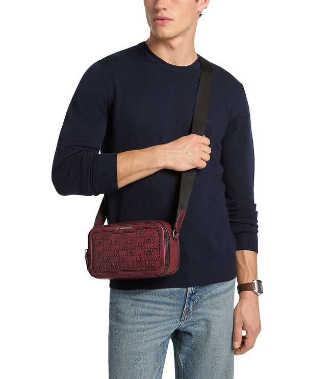 Michael Kors Men's Hudson Logo Embossed Burnished Leather Crossbody Bag Oxblood