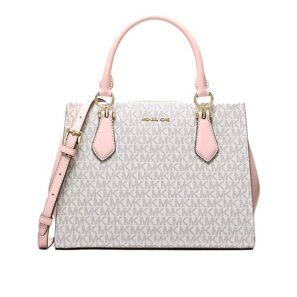 Michael Kors Women's Marilyn Medium Signature Logo Convertible Satchel Bag Powder Blush Multi/Gold