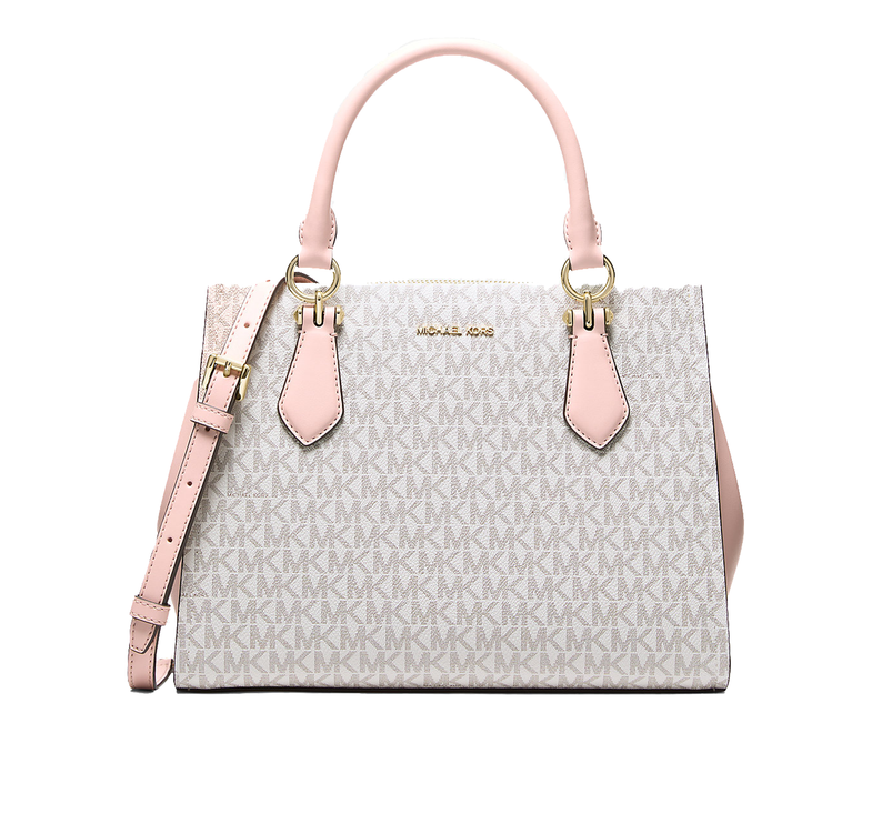 Michael Kors Women's Marilyn Medium Signature Logo Convertible Satchel Bag Powder Blush Multi/Gold