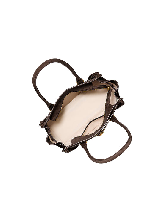 Michael Kors Women's Hamilton Moderne Small Fringed Suede Satchel Bag Chocolate/Gold