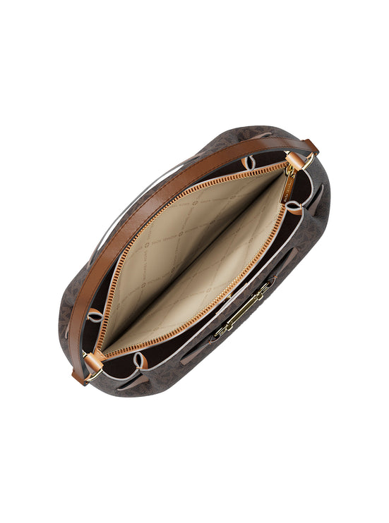 Michael Kors Women's Carson Medium Signature Logo Convertible Bucket Crossbody Bag Brown/Gold