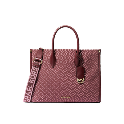 Michael Kors Women's Mirella Medium Metallic Logo Jacquard Tote Bag Oxblood Multi