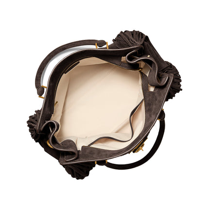 Michael Kors Women's Hamilton Moderne Large Fringed Suede Satchel Bag Chocolate/Gold