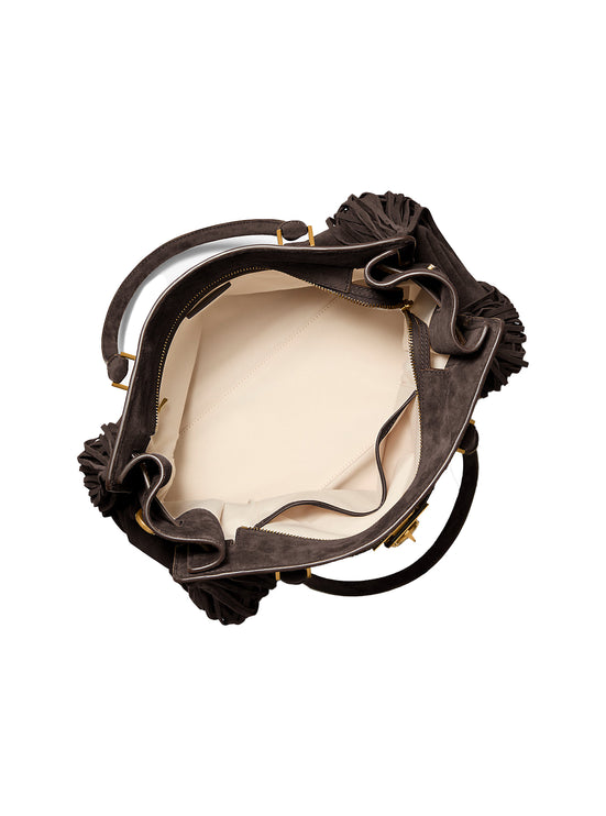 Michael Kors Women's Hamilton Moderne Large Fringed Suede Satchel Bag Chocolate/Gold