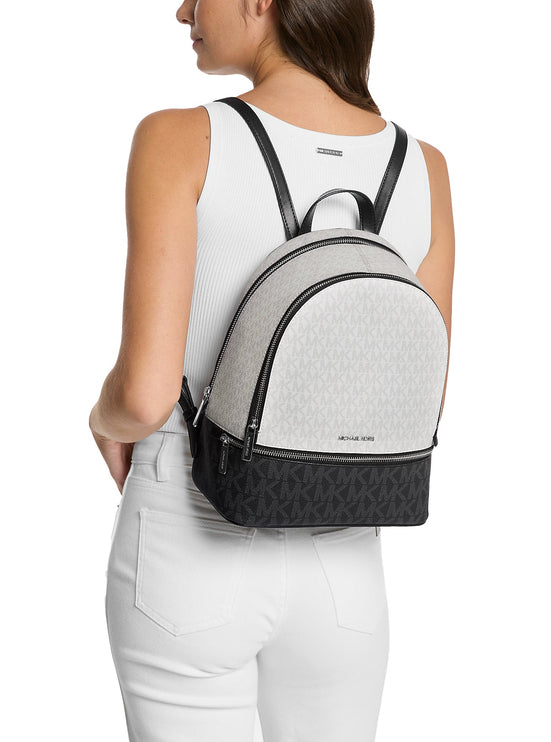 Michael Kors Women's Rhea Medium Color-Block Signature Logo Backpack Optic White Multi