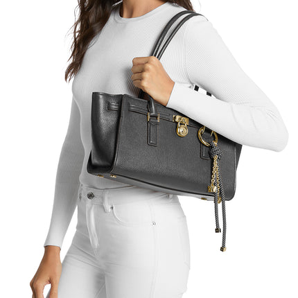 Michael Kors Women's Hamilton Moderne Small Leather Satchel Bag Black/Gold