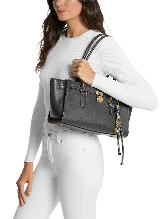 Michael Kors Women's Hamilton Moderne Small Leather Satchel Bag Black/Gold