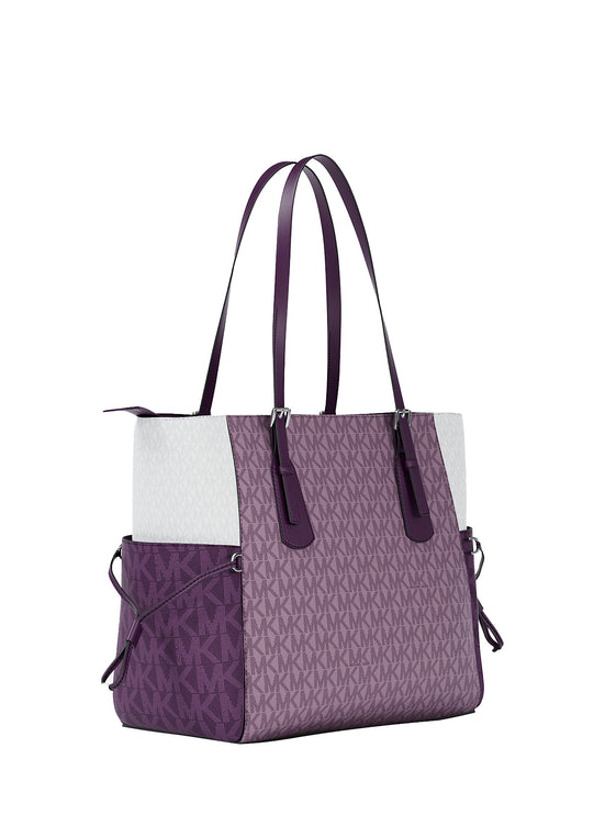 Michael Kors Women's Voyager Large Color-Block Signature Logo Tote Bag Dark Purple Ml