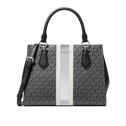 Michael Kors Women's Marilyn Medium Signature Logo Stripe Satchel Bag Black/Silver