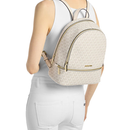 Michael Kors Women's Rhea Medium Signature Logo Backpack Light Cream Multi/Gold
