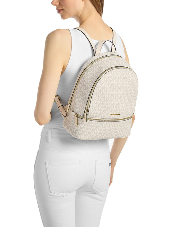 Michael Kors Women's Rhea Medium Signature Logo Backpack Light Cream Multi/Gold
