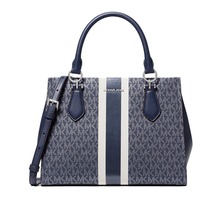 Michael Kors Women's Marilyn Medium Signature Logo Stripe Satchel Bag Navy/Silver