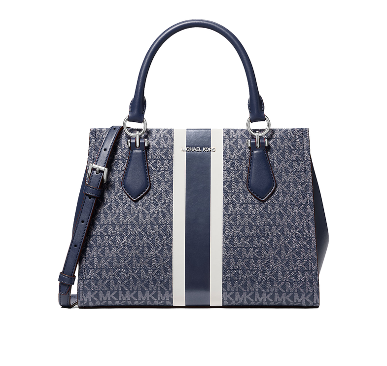 Michael Kors Women's Marilyn Medium Signature Logo Stripe Satchel Bag Navy/Silver
