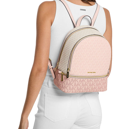 Michael Kors Women's Rhea Medium Color-Block Signature Logo Backpack Powder Blush Multi/Gold
