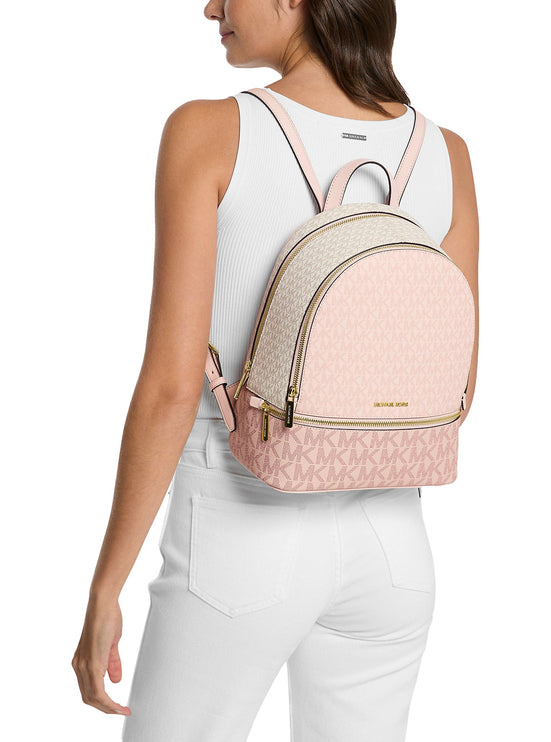 Michael Kors Women's Rhea Medium Color-Block Signature Logo Backpack Powder Blush Multi/Gold