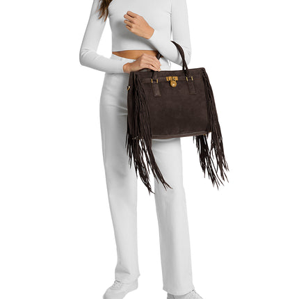Michael Kors Women's Hamilton Moderne Large Fringed Suede Satchel Bag Chocolate/Gold