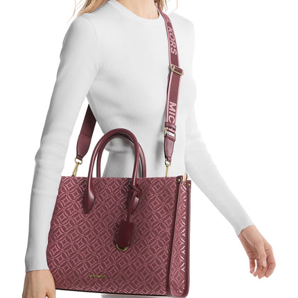 Michael Kors Women's Mirella Medium Metallic Logo Jacquard Tote Bag Oxblood Multi