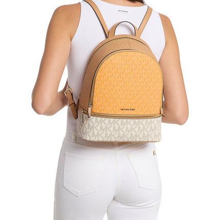 Michael Kors Women's Rhea Medium Color-Block Signature Logo Backpack Pop Orange Multi/Gold