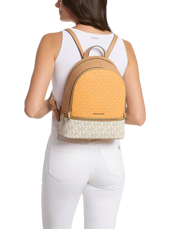 Michael Kors Women's Rhea Medium Color-Block Signature Logo Backpack Pop Orange Multi/Gold
