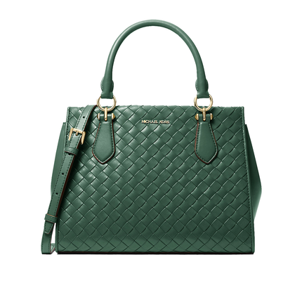 Michael Kors Women's Marilyn Medium Woven Satchel Bag Moss/Gold