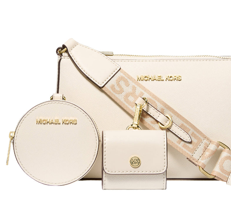 Michael Kors Women's Jet Set Saffiano Leather Crossbody Bag with Case for Apple Airpods Pro Light Cream