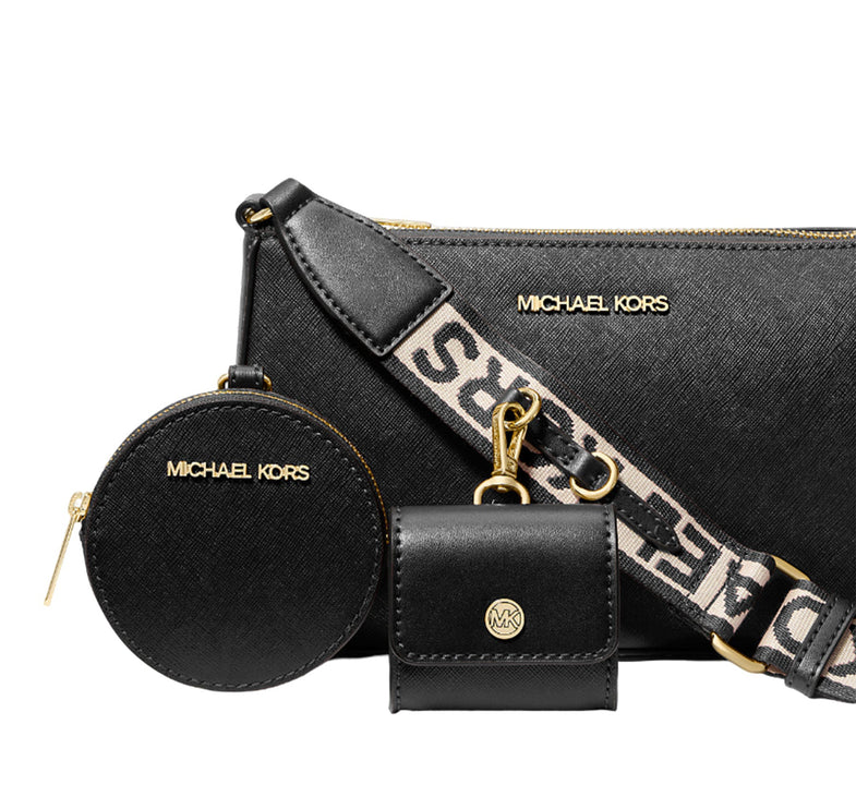 Michael Kors Women's Jet Set Saffiano Leather Crossbody Bag with Case for Apple Airpods Pro Black/Gold