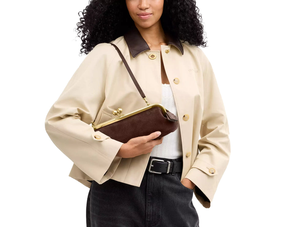 Coach Women's Kisslock Frame Bag 30 Suede/Brass/Dark Chocolate