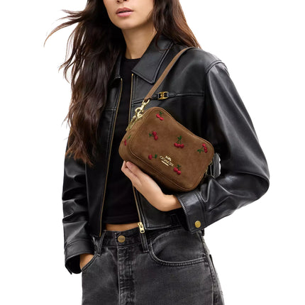 Coach Women's Mini Carey Crossbody Bag With Cherry Embroidery Suede/Gold/Cedar Multi