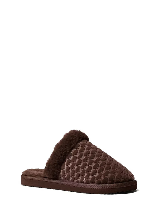 Michael Kors Women's Liddy Logo Debossed Velvet and Faux Fur Slipper Nutmeg