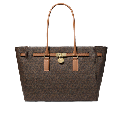 Michael Kors Women's Hamilton Moderne Large Signature Logo Tote Bag Brown/Acorn/Gold