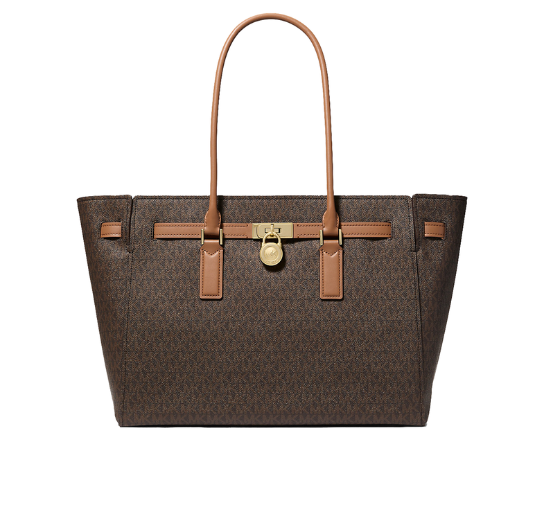 Michael Kors Women's Hamilton Moderne Large Signature Logo Tote Bag Brown/Acorn/Gold